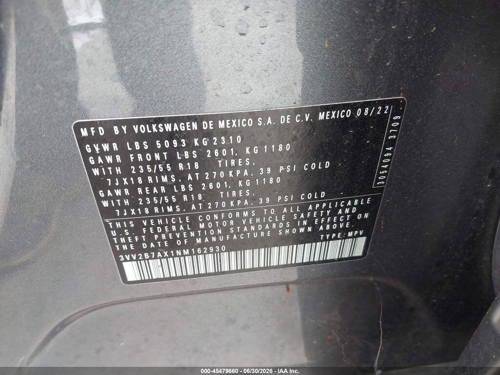 3VV2B7AX1NM162930 2022 VOLKSWAGEN TIGUAN photo no. 9