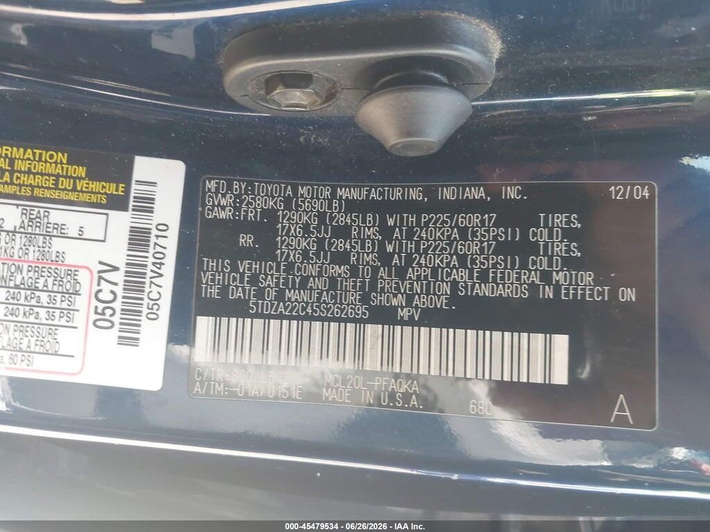 5TDZA22C45S262695 2005 TOYOTA SIENNA photo no. 9