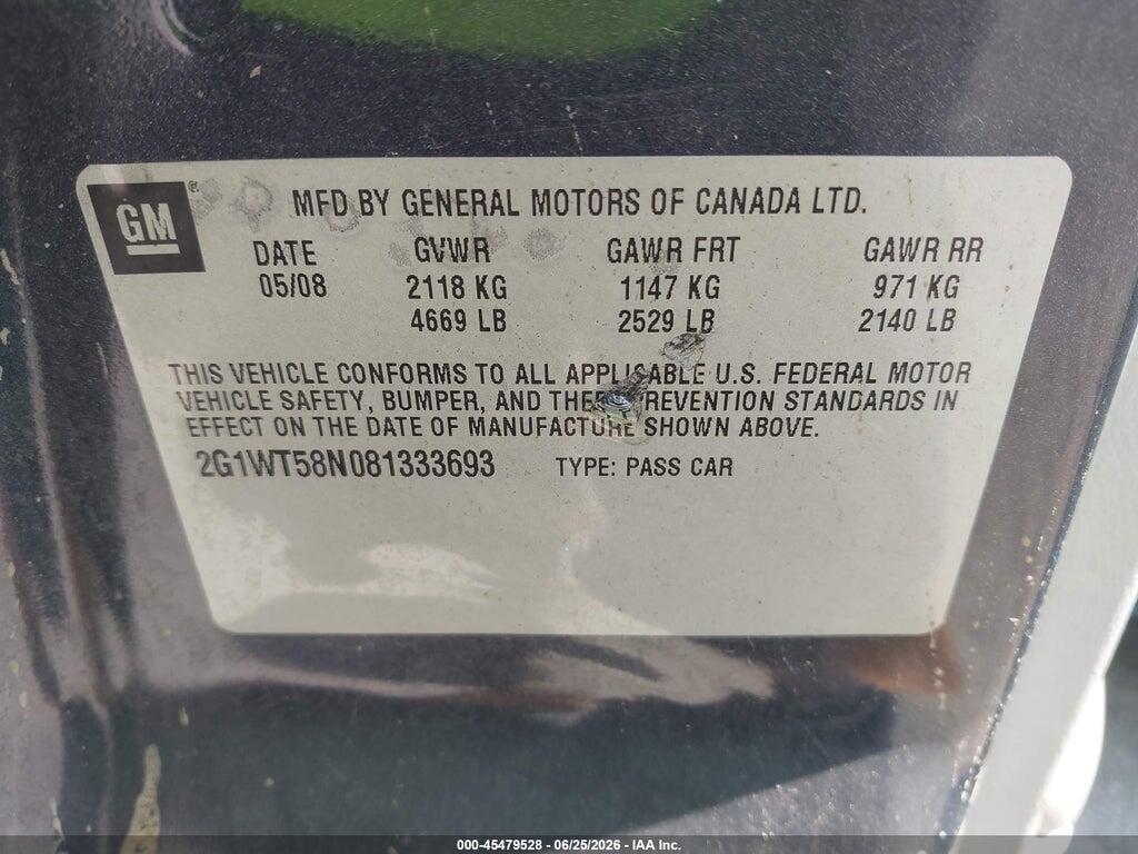 2G1WT58N081333693 2008 CHEVROLET IMPALA photo no. 9