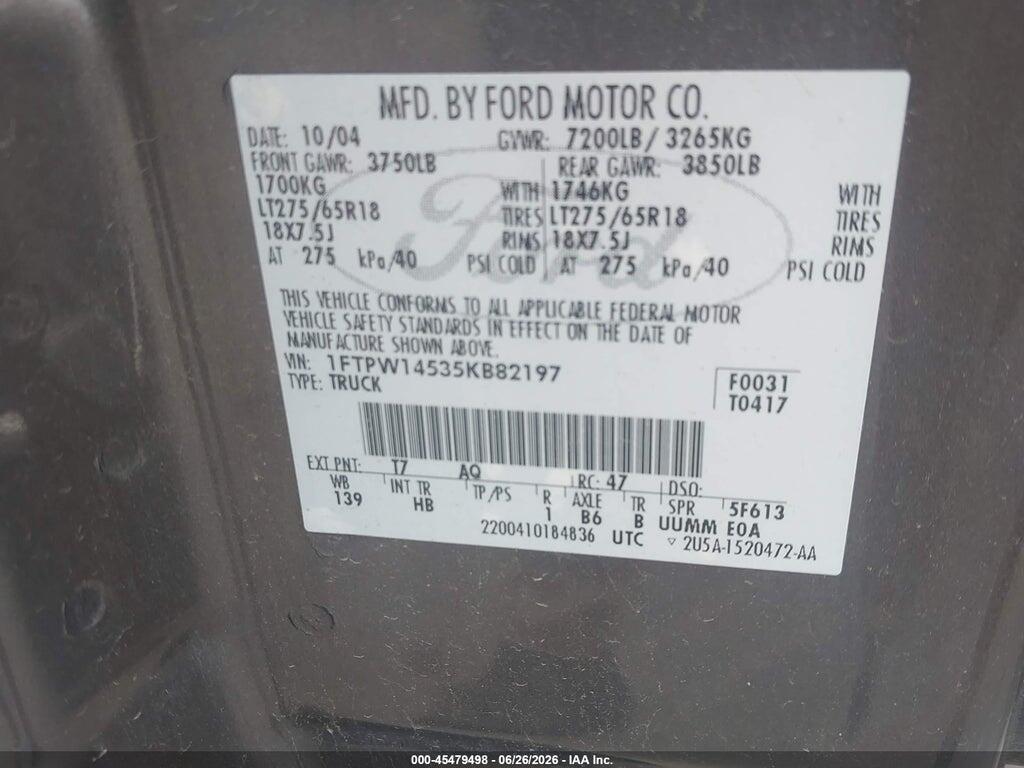 1FTPW14535KB82197 2005 FORD F-150 photo no. 9