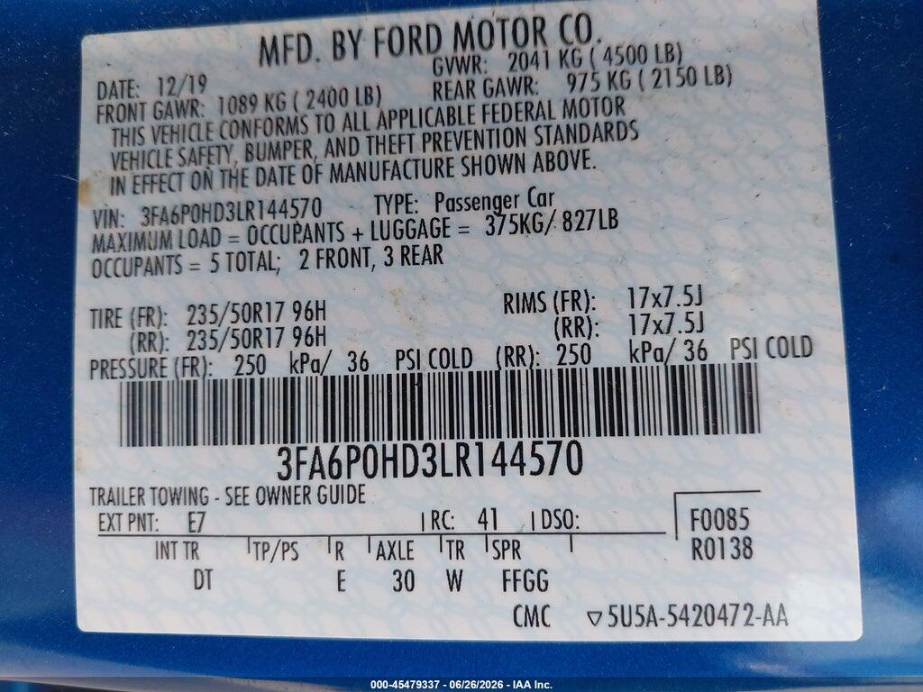 3FA6P0HD3LR144570 2020 FORD FUSION photo no. 9