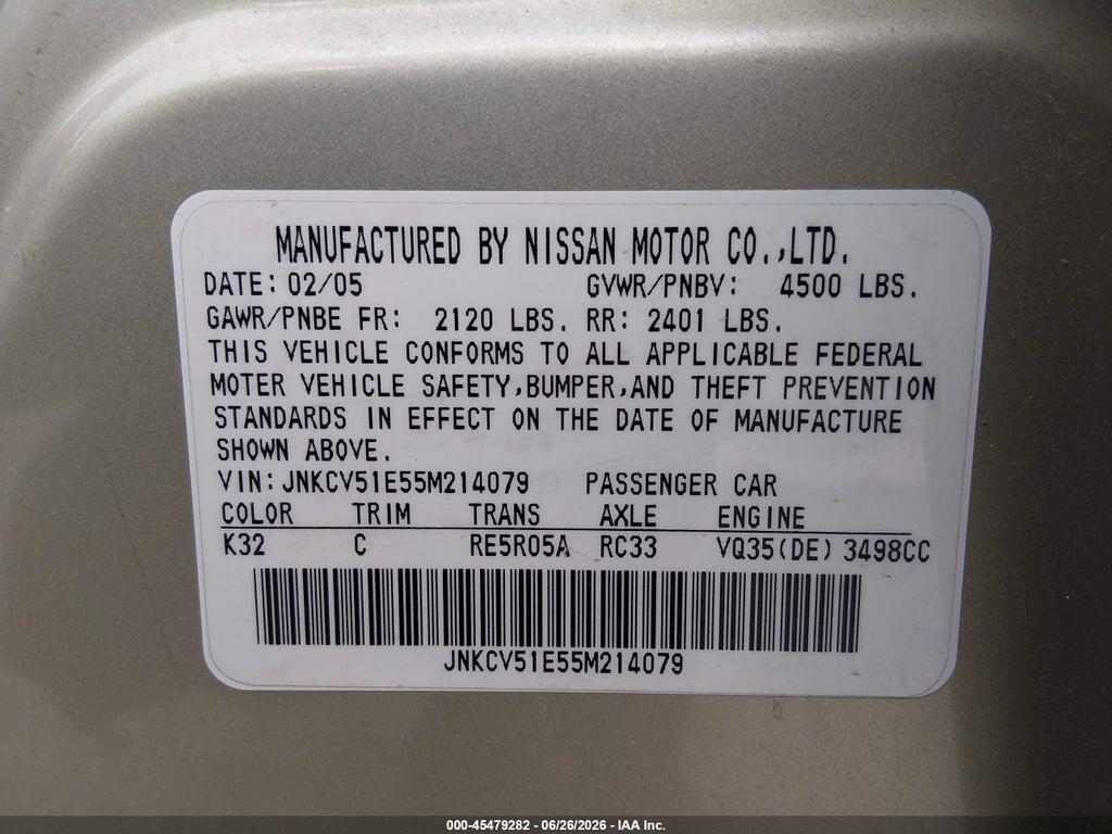 JNKCV51E55M214079 2005 INFINITI G35 photo no. 9