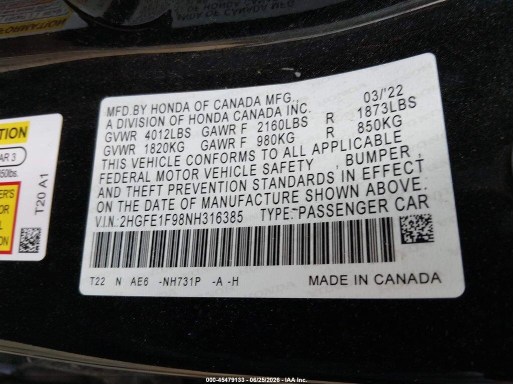 2HGFE1F98NH316385 2022 HONDA CIVIC photo no. 9