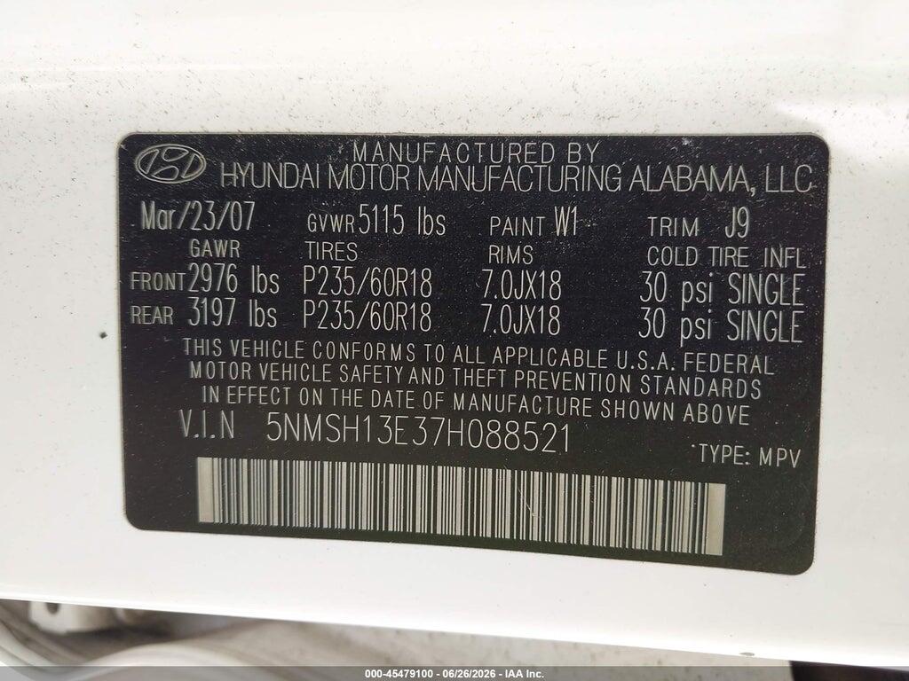 5NMSH13E37H088521 2007 HYUNDAI SANTA FE photo no. 9
