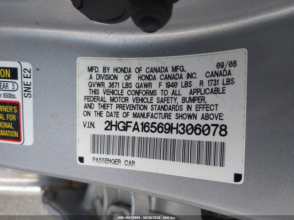 2HGFA16569H306078 2009 HONDA CIVIC photo no. 9