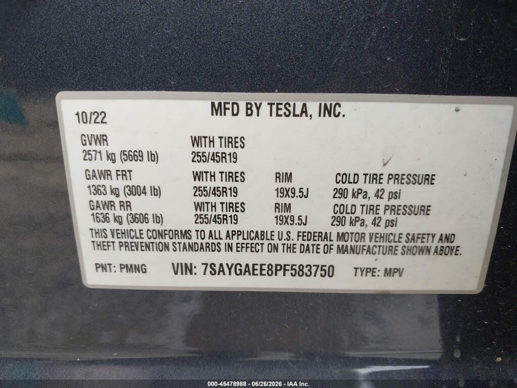 7SAYGAEE8PF583750 2023 TESLA MODEL Y photo no. 9