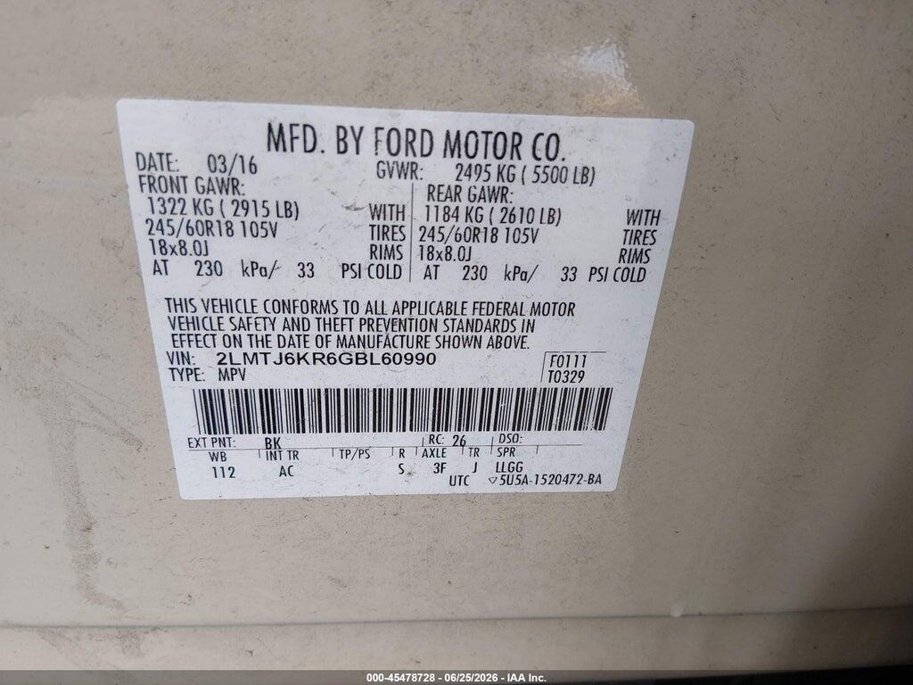 2LMTJ6KR6GBL60990 2016 LINCOLN MKX photo no. 9