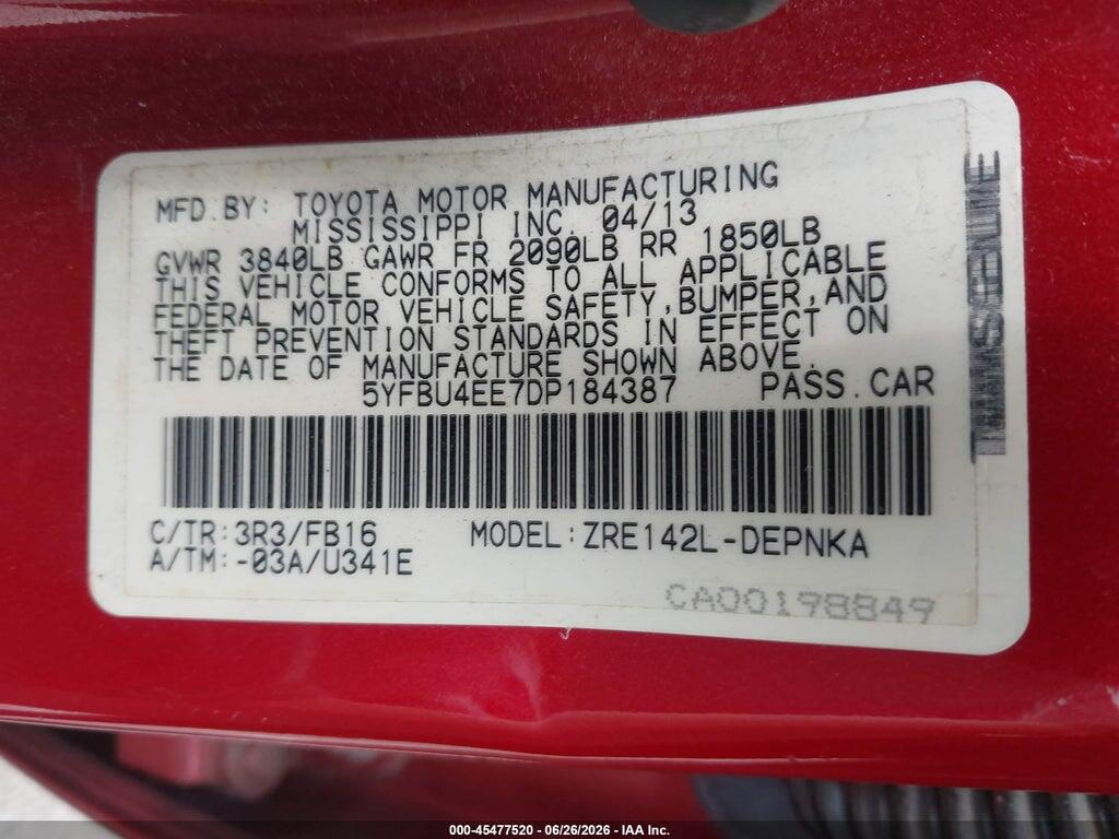 5YFBU4EE7DP184387 2013 TOYOTA COROLLA photo no. 9