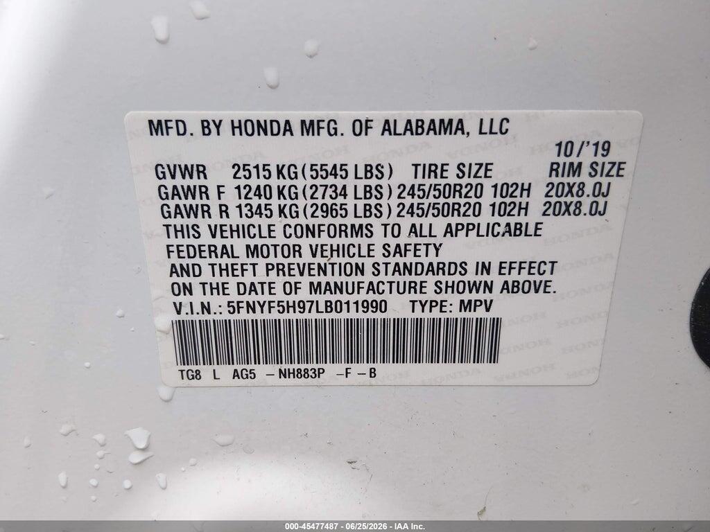 5FNYF5H97LB011990 2020 HONDA PILOT photo no. 9
