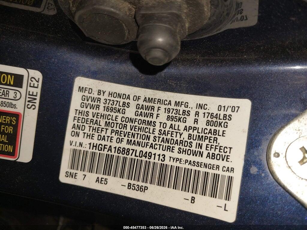 1HGFA16887L049113 2007 HONDA CIVIC photo no. 9