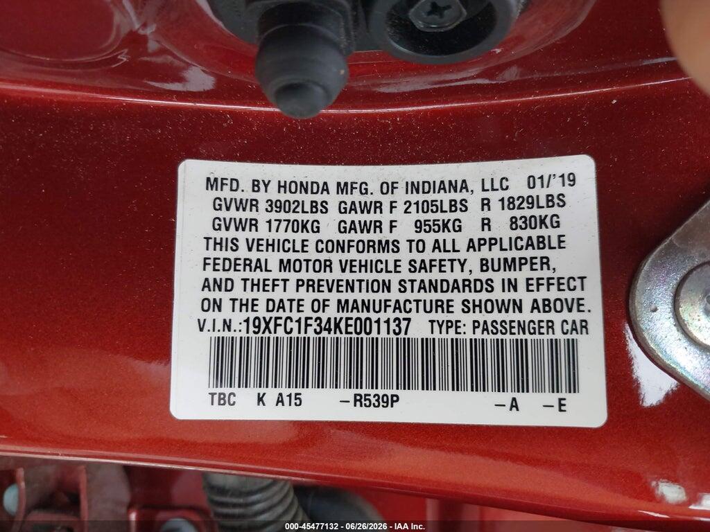 19XFC1F34KE001137 2019 HONDA CIVIC photo no. 9