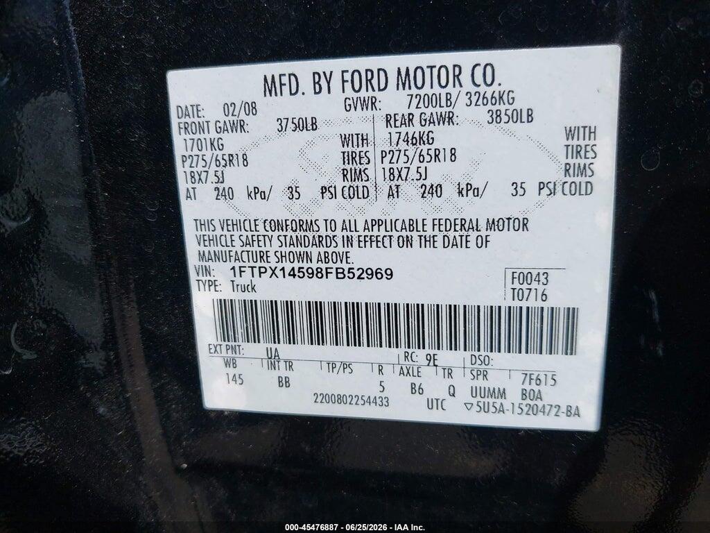 1FTPX14598FB52969 2008 FORD F-150 photo no. 9