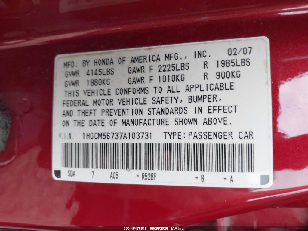 1HGCM56737A103731 2007 HONDA ACCORD photo no. 9