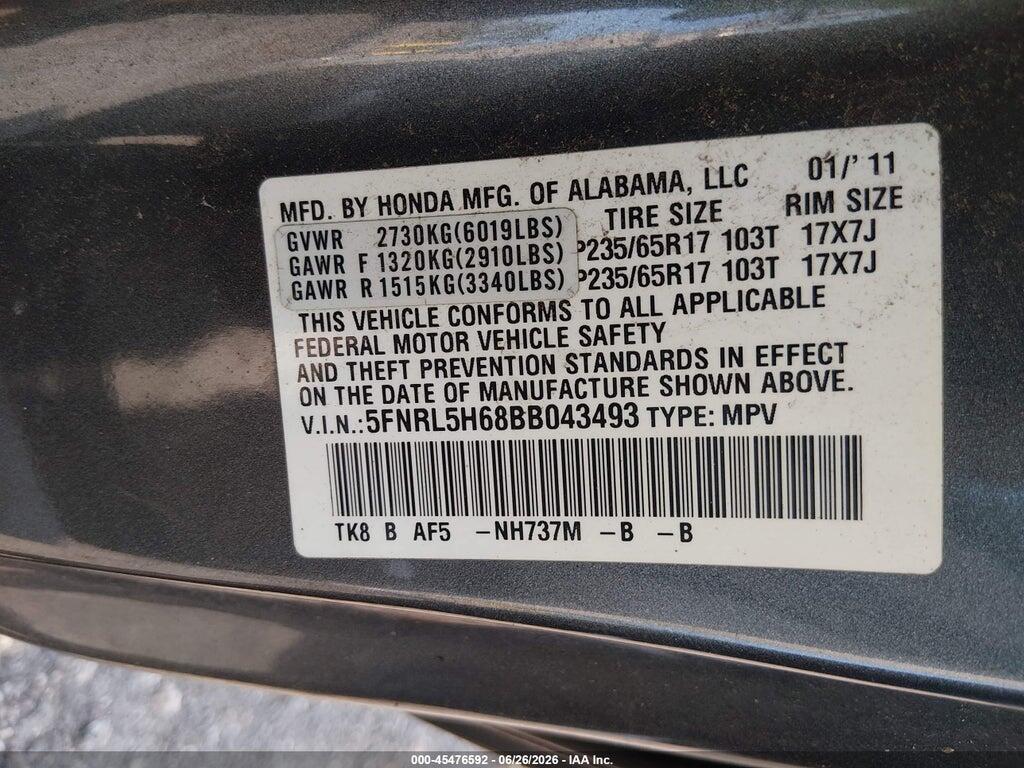 5FNRL5H68BB043493 2011 HONDA ODYSSEY photo no. 9