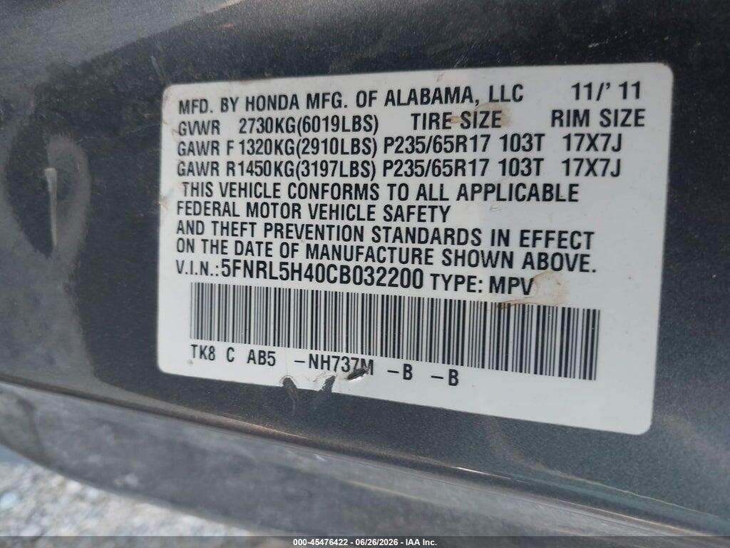 5FNRL5H40CB032200 2012 HONDA ODYSSEY photo no. 9