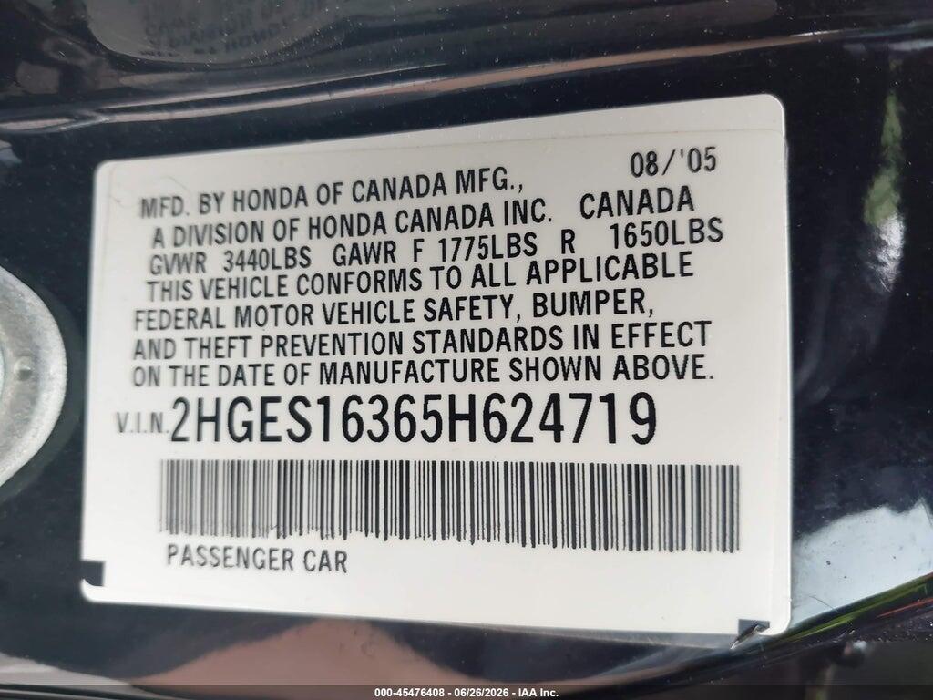 2HGES16365H624719 2005 HONDA CIVIC photo no. 9