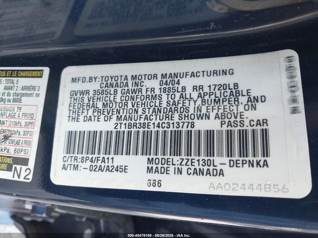 2T1BR38E14C313778 2004 TOYOTA COROLLA photo no. 9