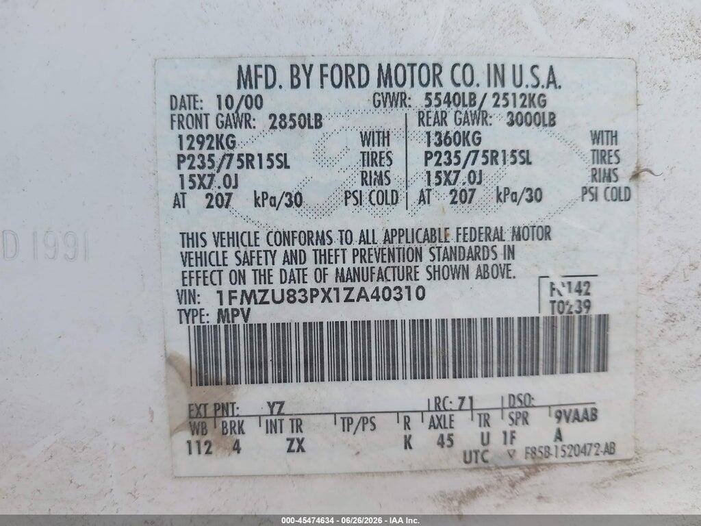 1FMZU83PX1ZA40310 2001 FORD EXPLORER photo no. 9