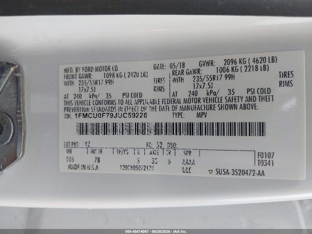 1FMCU0F79JUC59226 2018 FORD ESCAPE photo no. 9