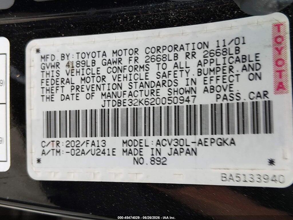 JTDBE32K620050947 2002 TOYOTA CAMRY photo no. 9