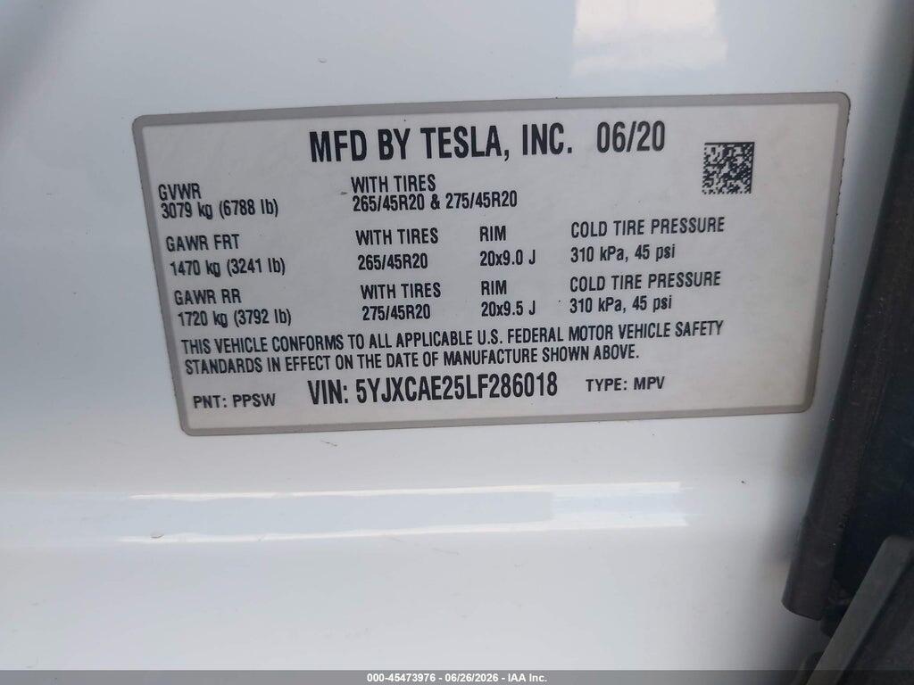 5YJXCAE25LF286018 2020 TESLA MODEL X photo no. 9