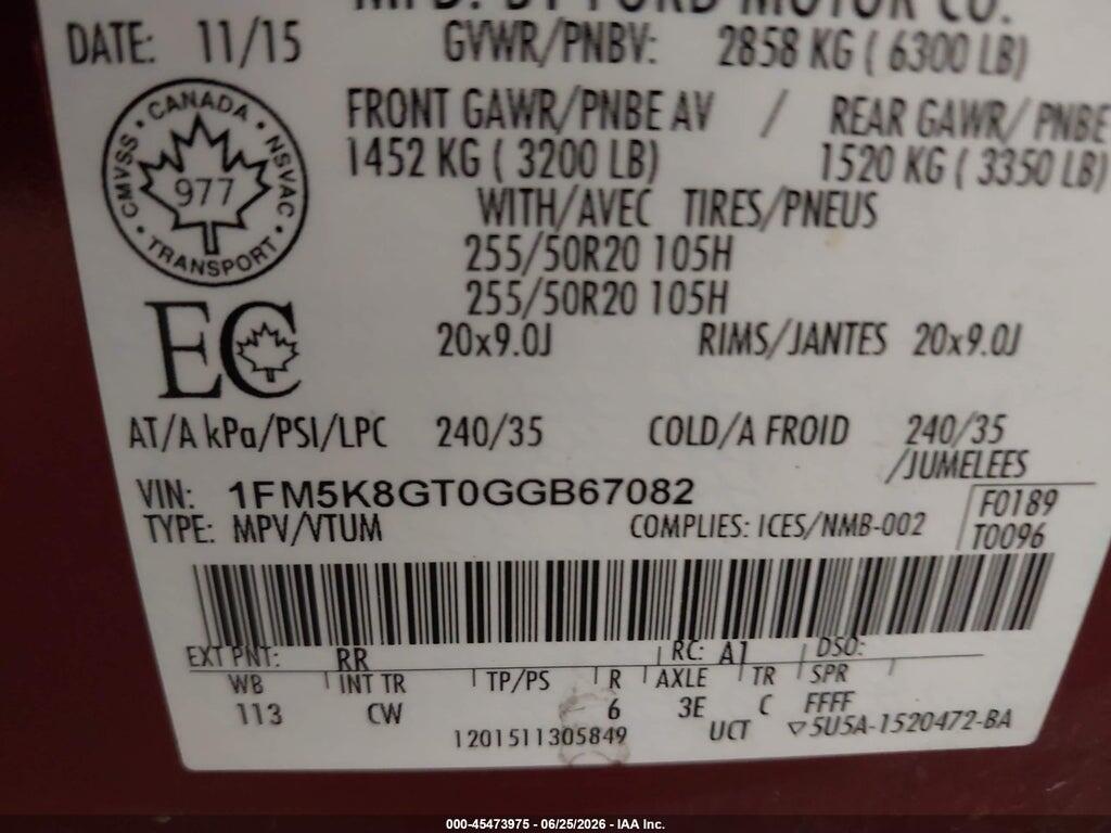 1FM5K8GT0GGB67082 2016 FORD EXPLORER photo no. 9