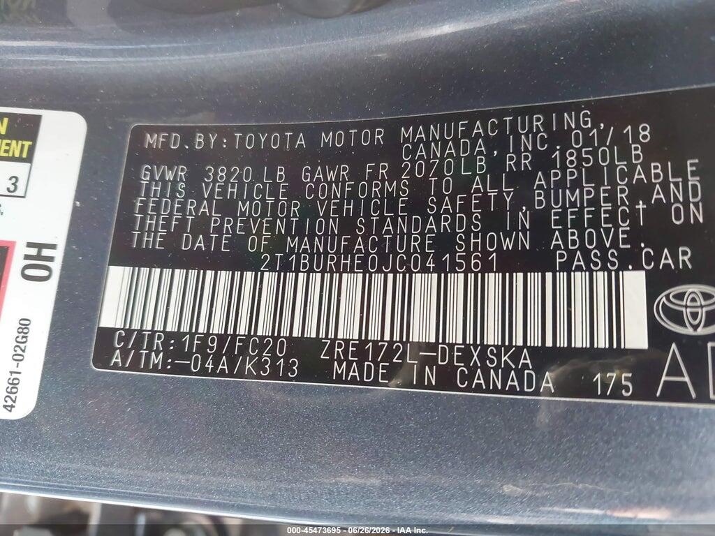 2T1BURHE0JC041561 2018 TOYOTA COROLLA photo no. 9