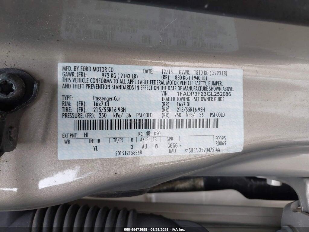 1FADP3F23GL252086 2016 FORD FOCUS photo no. 9