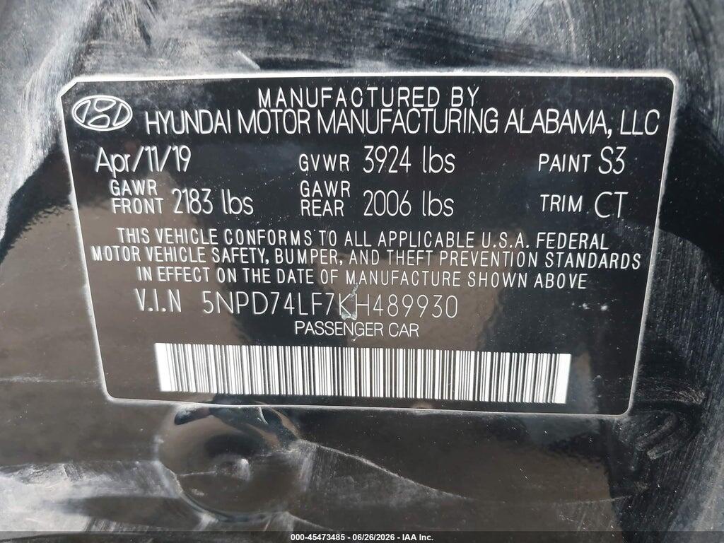 5NPD74LF7KH489930 2019 HYUNDAI ELANTRA photo no. 9
