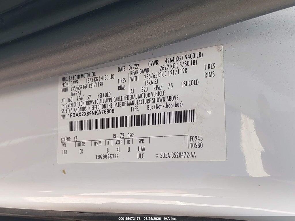 1FBAX2X89NKA76808 2022 FORD TRANSIT-350 PASSENGER VAN photo no. 9