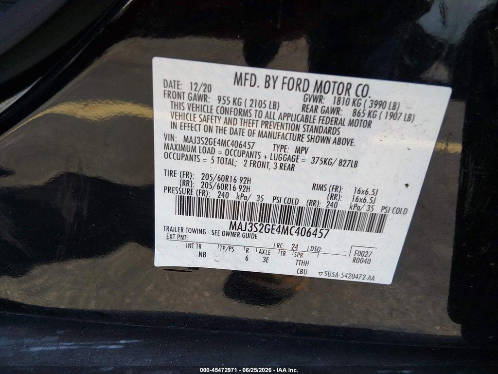 MAJ3S2GE4MC406457 2021 FORD ECOSPORT photo no. 9