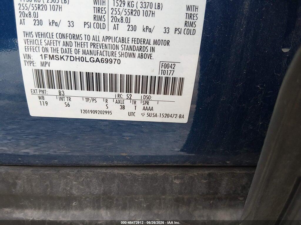 1FMSK7DH0LGA69970 2020 FORD EXPLORER photo no. 9