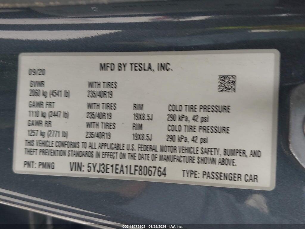 5YJ3E1EA1LF806764 2020 TESLA MODEL 3 photo no. 9