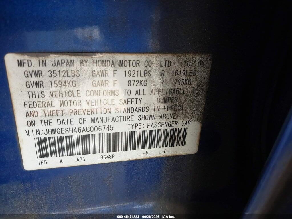 JHMGE8H46AC006745 2010 HONDA FIT photo no. 9