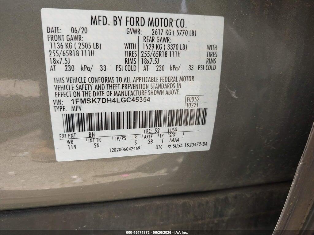 1FMSK7DH4LGC45354 2020 FORD EXPLORER photo no. 9