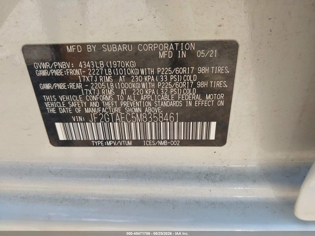 JF2GTAEC5M8358461 2021 SUBARU CROSSTREK photo no. 9