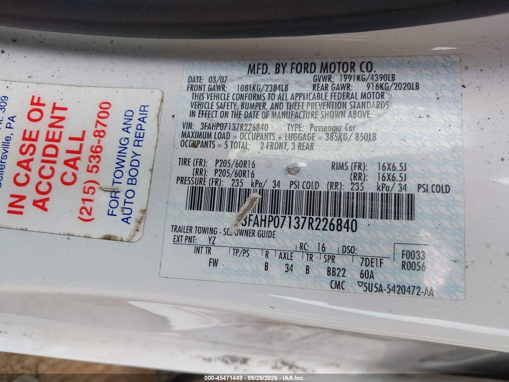 3FAHP07137R226840 2007 FORD FUSION photo no. 9