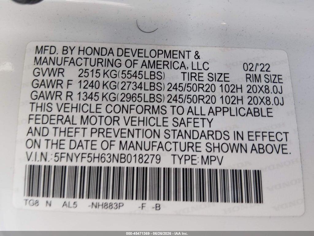 5FNYF5H63NB018279 2022 HONDA PILOT photo no. 9