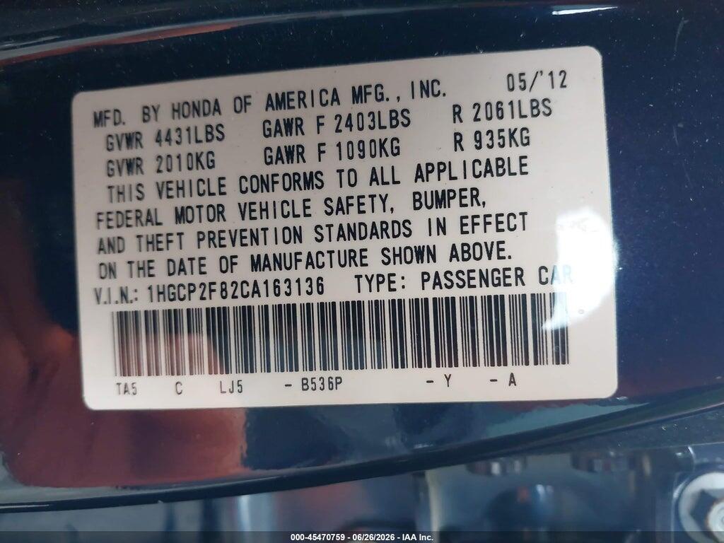 1HGCP2F82CA163136 2012 HONDA ACCORD photo no. 9