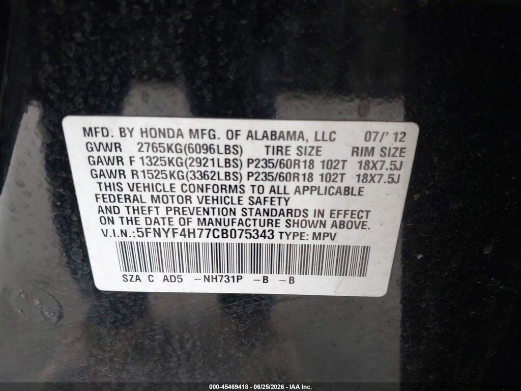 5FNYF4H77CB075343 2012 HONDA PILOT photo no. 9