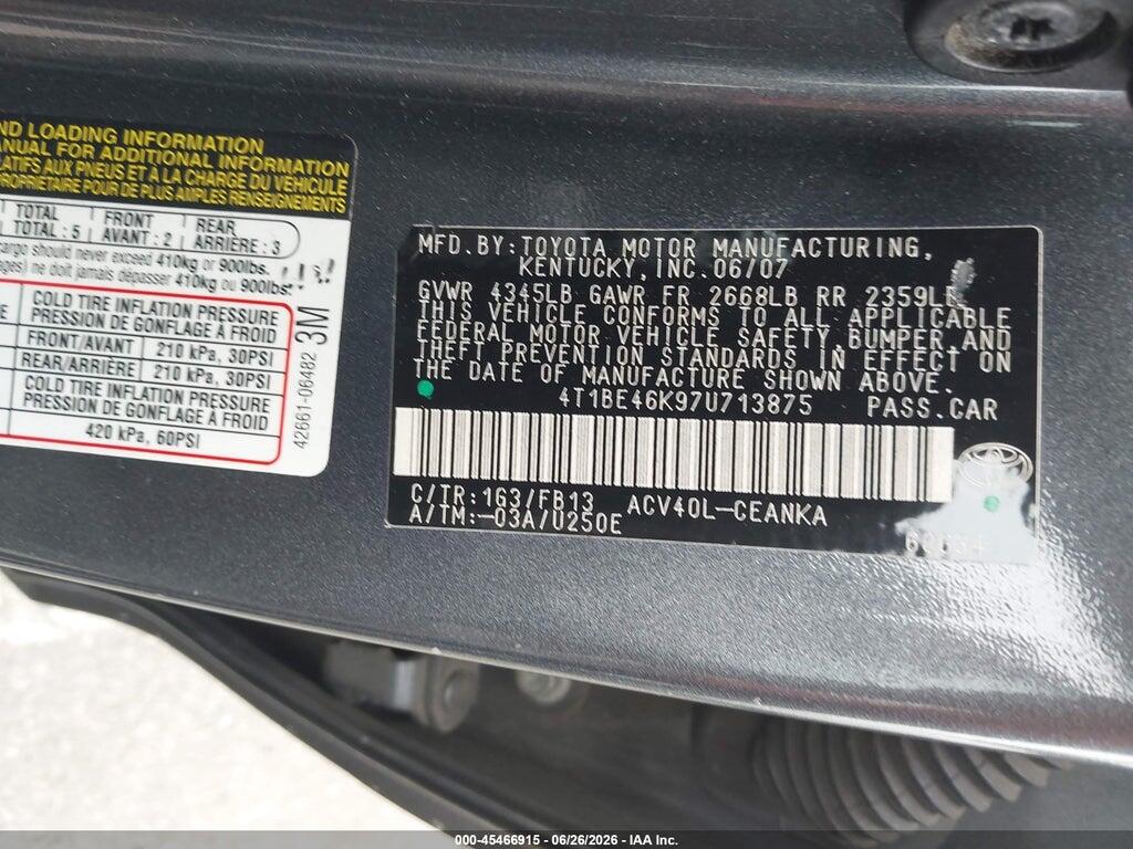 4T1BE46K97U713875 2007 TOYOTA CAMRY photo no. 9