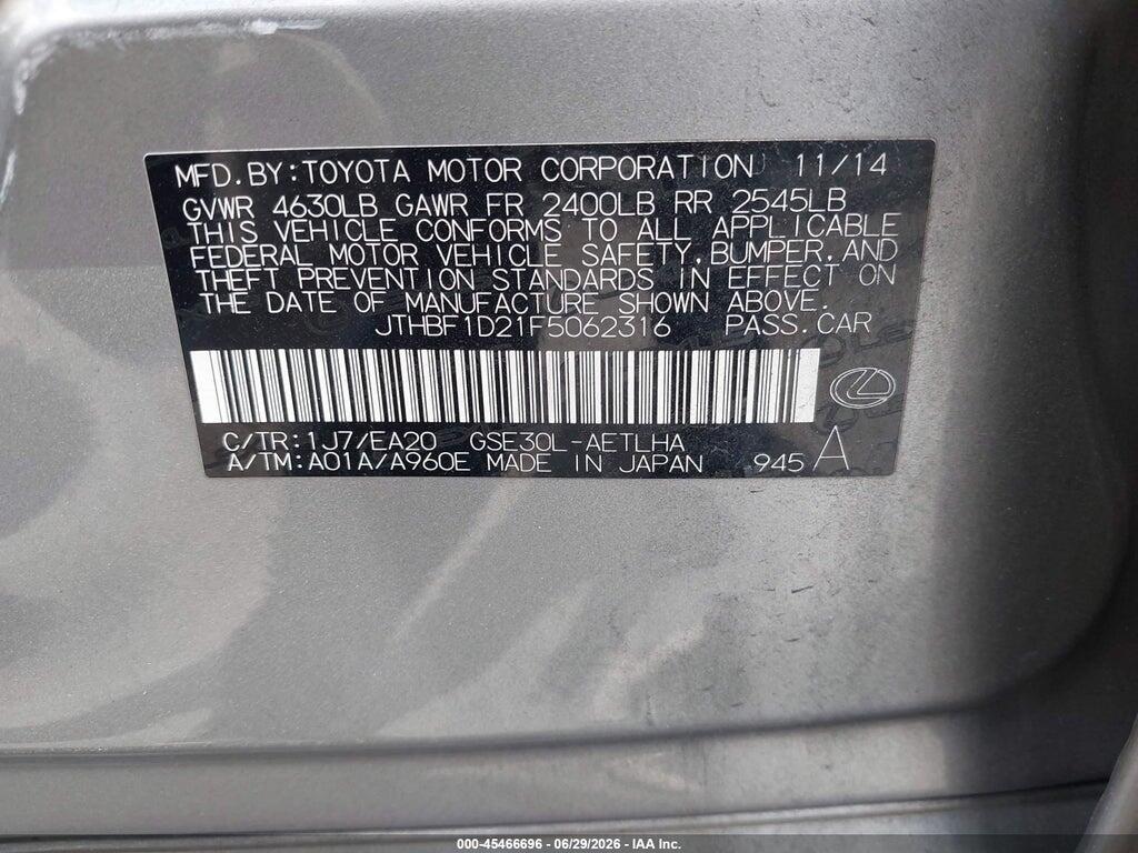 JTHBF1D21F5062316 2015 LEXUS IS 250 photo no. 9