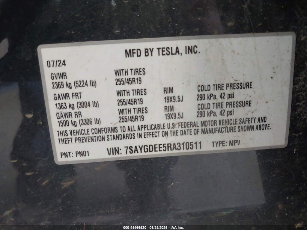 7SAYGDEE5RA310511 2024 TESLA MODEL Y photo no. 9
