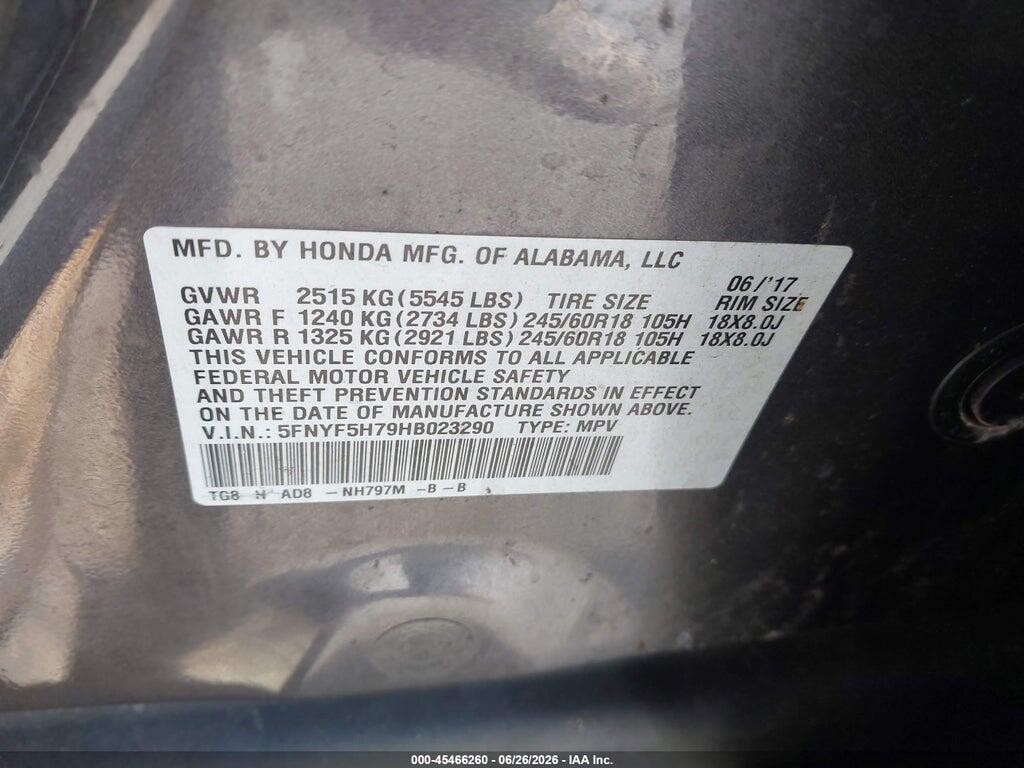 5FNYF5H79HB023290 2017 HONDA PILOT photo no. 9