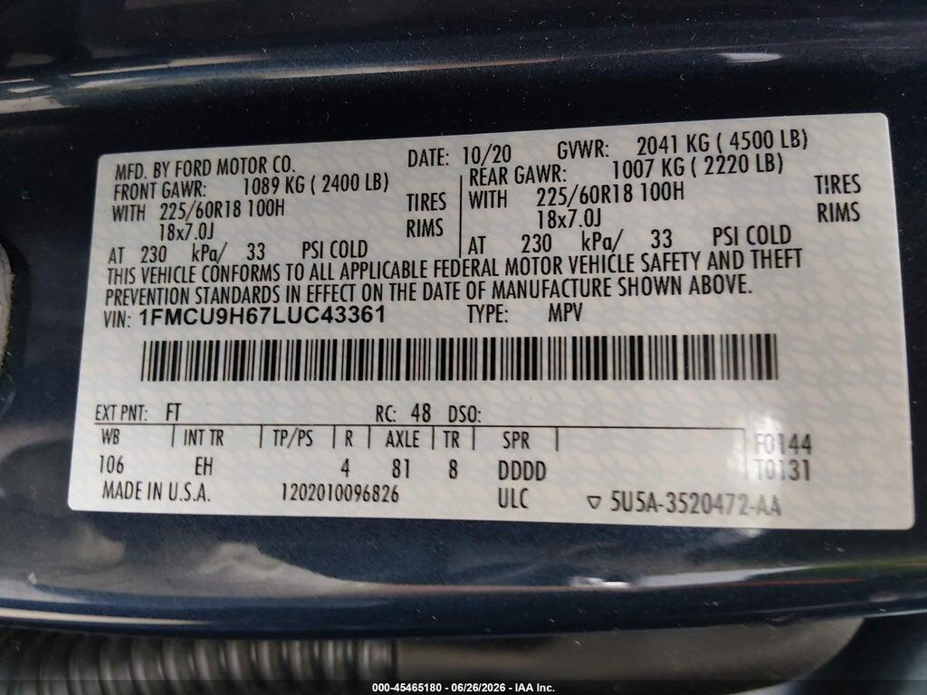 1FMCU9H67LUC43361 2020 FORD ESCAPE photo no. 9
