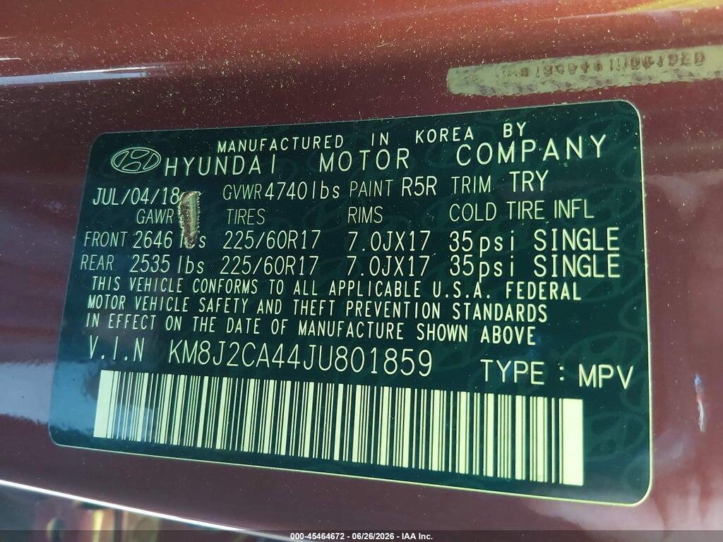 KM8J2CA44JU801859 2018 HYUNDAI TUCSON photo no. 9