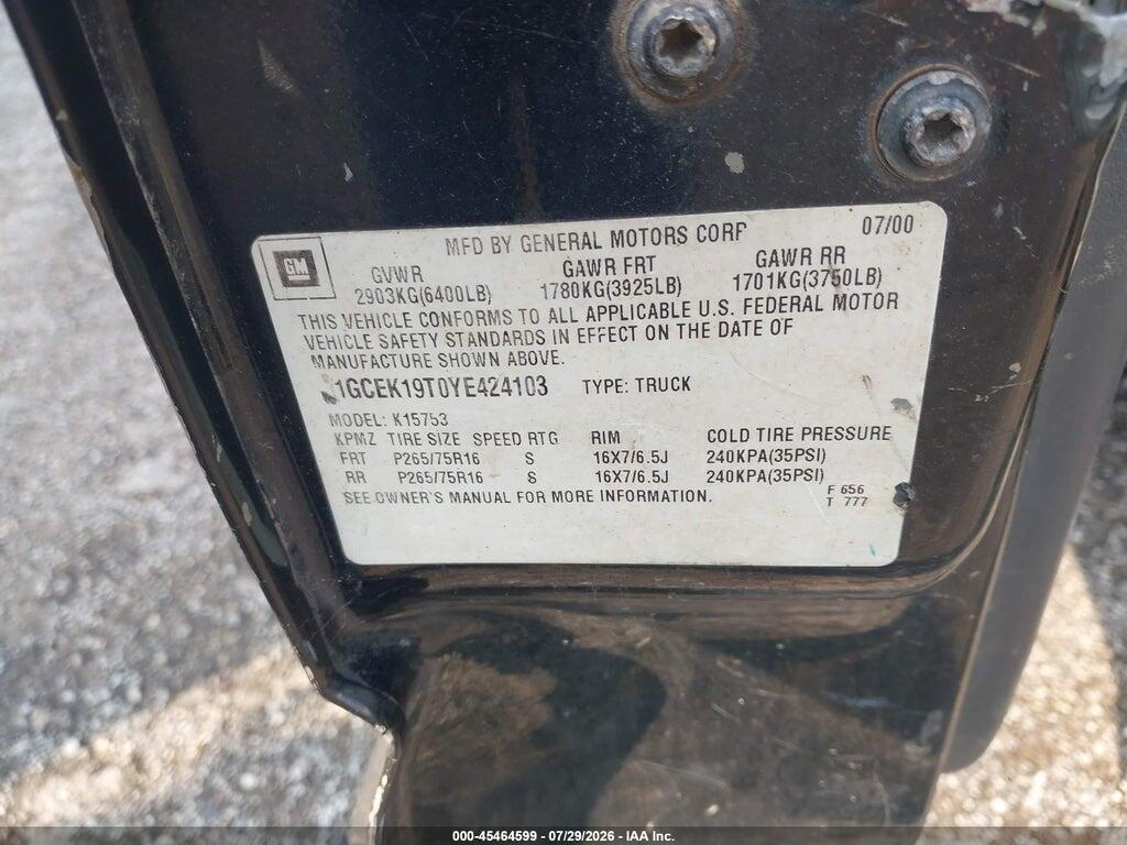 1GCEK19T0YE424103 2000 CHEVROLET SILVERADO 1500 photo no. 9