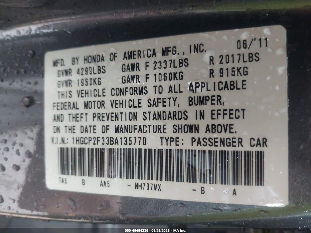 1HGCP2F33BA135770 2011 HONDA ACCORD photo no. 9