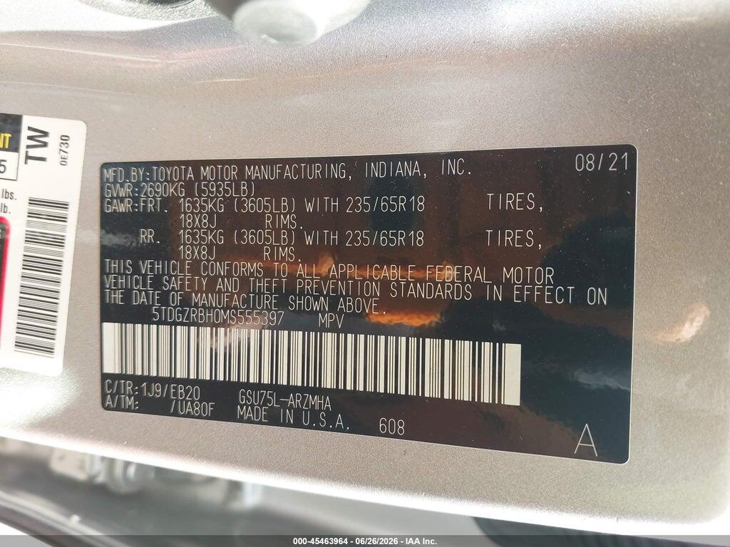 5TDGZRBH0MS555397 2021 TOYOTA HIGHLANDER photo no. 9