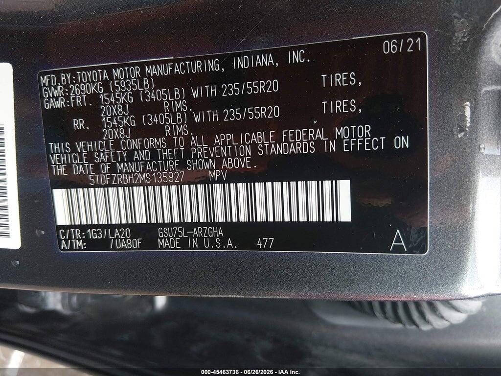 5TDFZRBH2MS135927 2021 TOYOTA HIGHLANDER photo no. 9